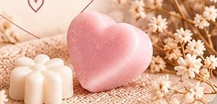 Cœur et fleur en fondant rose et blanc parmi des brins de gypsophile
